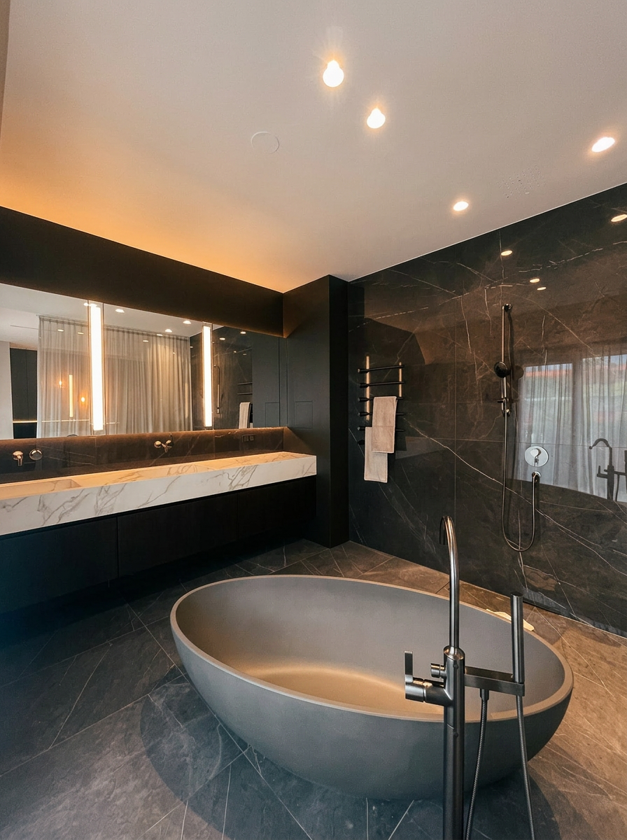 Freistehende Badewanne mit Marmor-Dusche