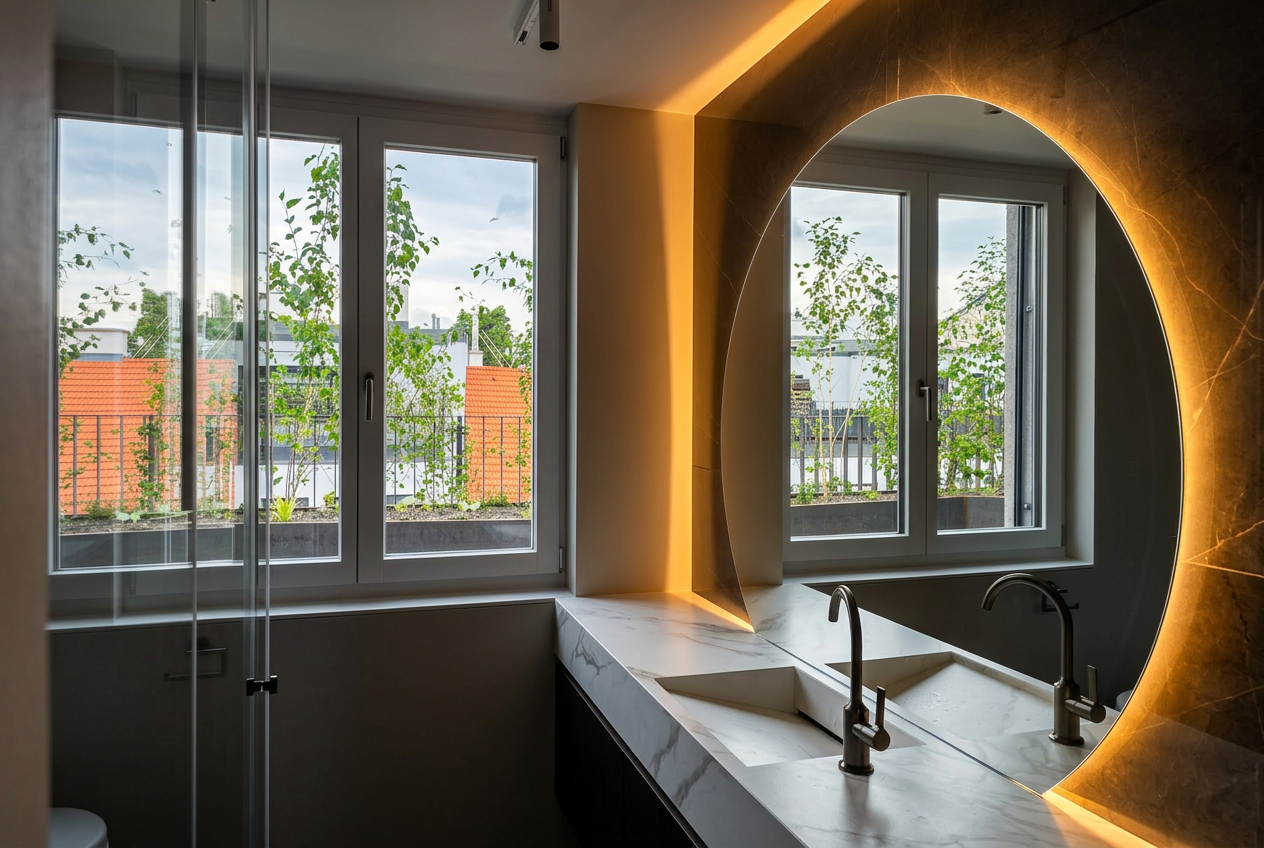 Bad mit Rundspiegel und Fensterfront